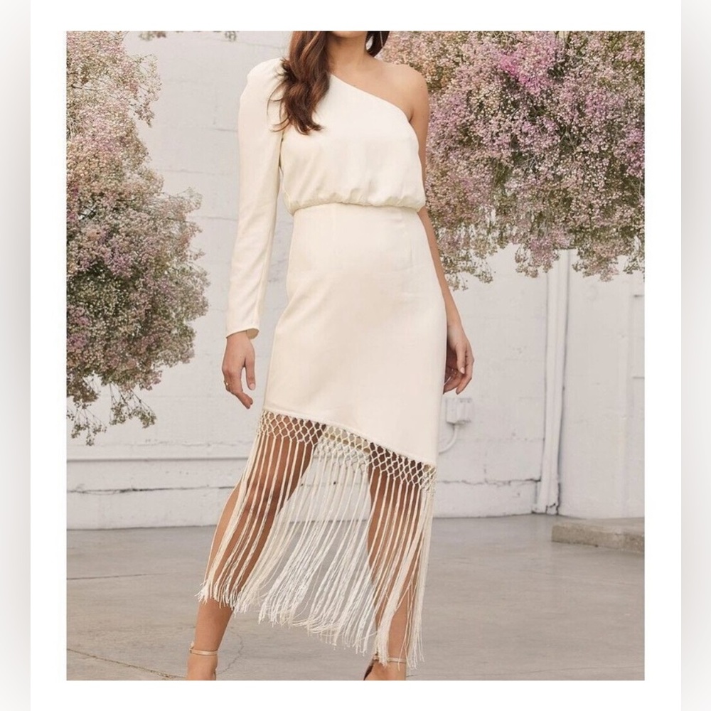Love at Dusk Cream One-Shoulder Asymmetrical Fringe Midi Dress